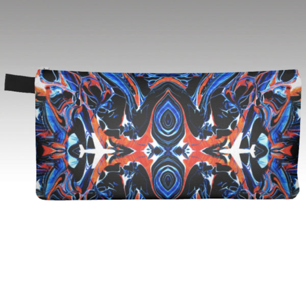 Pencil Pouch in the Mystic kaleidoscope / airplane design. Red, orange & blue. Show your love of aviation and travel. Perfect for make-up bag, coin purse, phone carrying case.