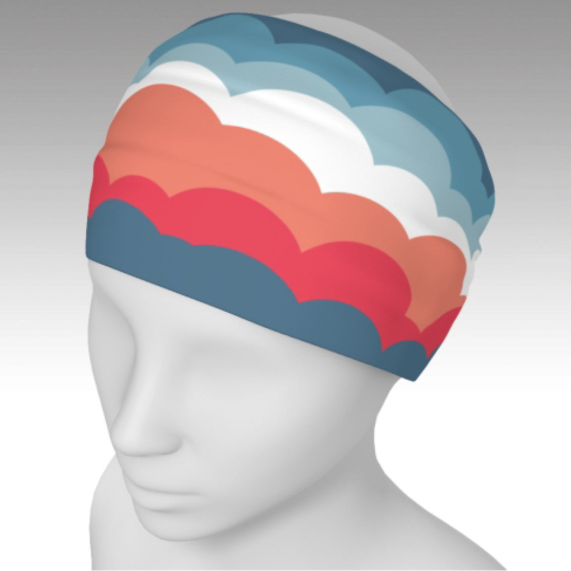 Headband with fun One Plane Jane cloud design. Coral, orange, blue, white. Full wrap around head and can be used as a scarf.  Perfect for travel, flying, pre-flight or dress up a t-shirt