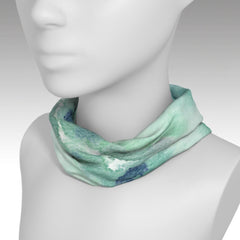 Headband with soft watercolor print of the sky / clouds used as a scarf.  Blue, green, white.  Full wrap around design. Keeps your face and neck warm.
